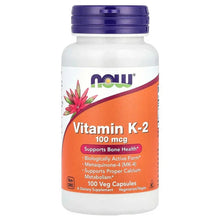 Vitamin K-2 supplement bottle, orange 100 mcg label, NOW, veg capsules