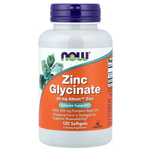 Zinc glycinate supplement bottle, purple cap, front label with 30 mg and 120 softgels