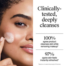 Facial cleansing foam on cheek near eye with hand application