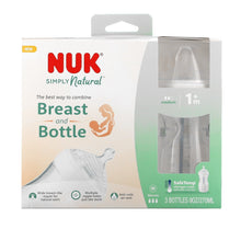 NUK SimplyNatural breast and bottle set box showing 3 clear bottles, medium flow 1+