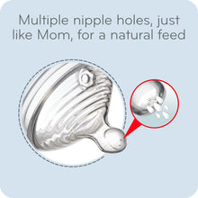 NUK SimplyNatural nipple with multiple holes close-up with vent feature callout