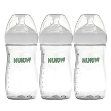 Three-pack of clear NUK SimplyNatural bottles with measuring marks and medium flow nipples