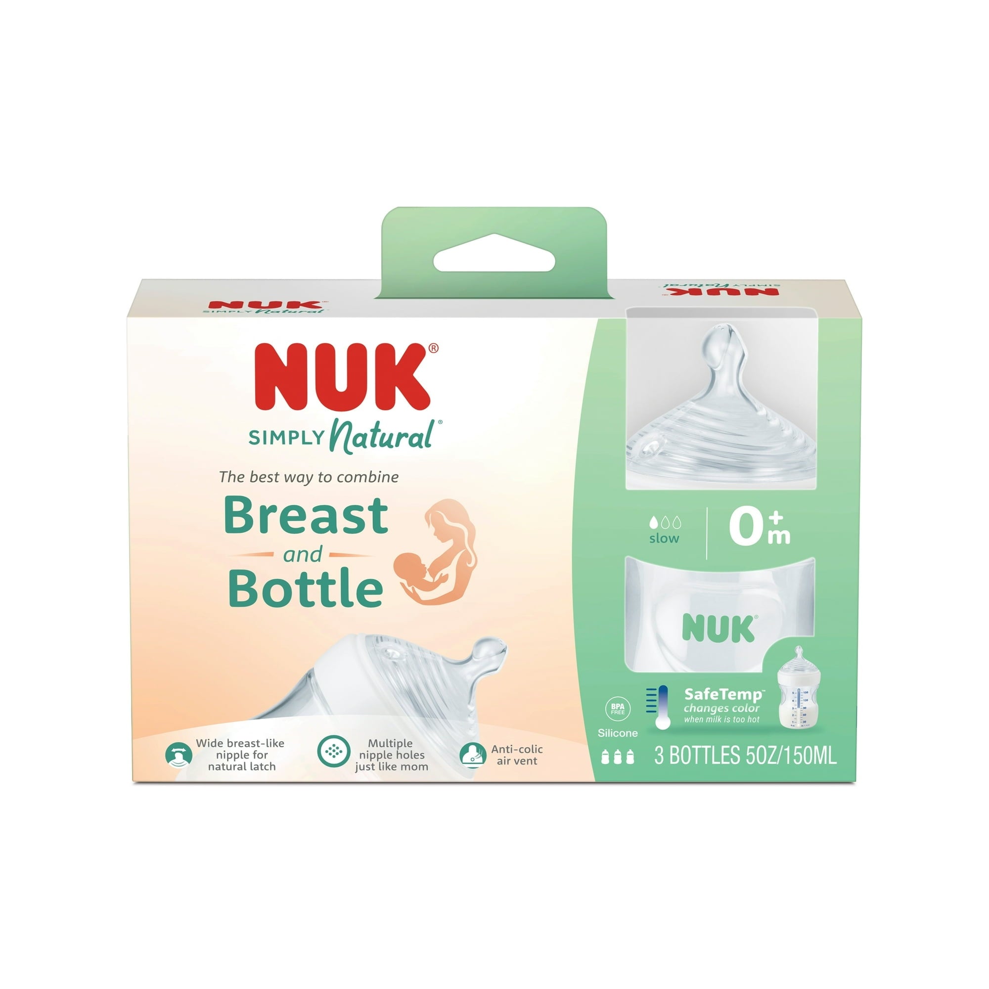 NUK Simply Natural Bottle with SafeTemp, 5 oz, 3 Pack, 0+ Months, Unisex, Clear