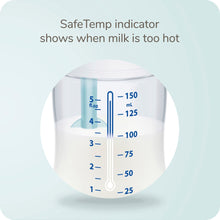 NUK Smooth Flow Pro anti-colic baby bottle SafeTemp indicator showing milk temperature range