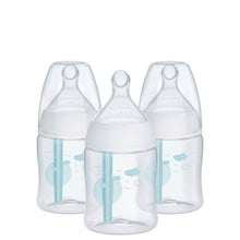 Set of three NUK Smooth Flow Pro anti-colic baby bottles, clear with blue design