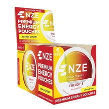 NZE premium energy pouches cartons, nicotine-free, lemon cherry flavor, 6-pack.