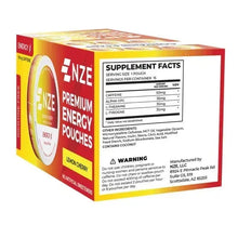 NZE premium energy pouches box back panel with supplement facts and warning label.