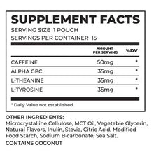 Supplement facts label: serving size 1 pouch, caffeine 50mg, alpha GPC 35mg.