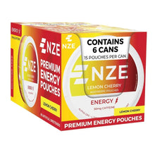NZE premium energy pouches box, lemon cherry, contains 6 cans, 15 pouches per can.