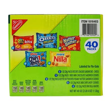 Snack variety pack box showing 40 packs, barcode label, and cookie brands on front