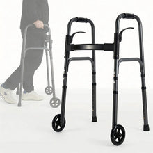Folding walker with black frame, four wheels, and curved handles