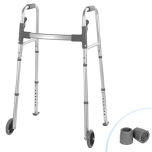 Silver compact folding walker with front wheels, black hand grips, and adjustable legs