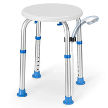 Blue shower stool seat with round top and adjustable metal legs, anti-slip rubber feet