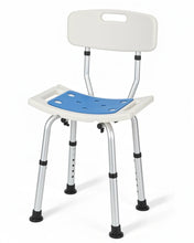 Adjustable shower chair with white backrest and blue EVA padded seat, rubber feet