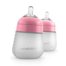 Two pink and gray silicone baby bottles with vented nipples