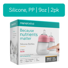 Nanobebe pink silicone baby bottles, 2-pack, 9 oz, on product box