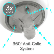 Silicone baby bottle anti-colic system with vented nipple insert, teal and clear.