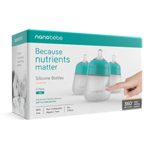 Teal silicone baby bottle 3-pack box, 9 oz bottles with flexible anti-colic system.