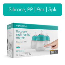 Teal silicone baby bottle set, 9 oz, three pack with anti-colic nipple.