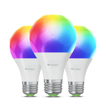 Three Nanoleaf A19 LED smart bulbs with multicolor glow, white base and screw cap