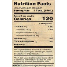 Nutrition facts panel with serving size 1 Tbsp (15 mL) for olive oil