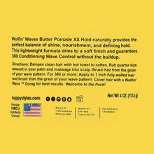 Wave butter pomade back label on yellow jar surface with directions and net weight