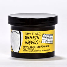 Wave butter pomade jar, black lid, yellow label with hold and nourish info