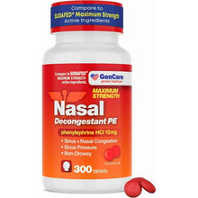 Nasal decongestant tablets bottle with GenCare label, phenylephrine HCl 10 mg, 300 count