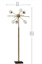 Brass floor lamp dimensions chart; starburst base with white globe shades