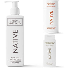 Native shave cream pump bottle, plus deodorant and body wash containers in white
