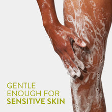 Washing arms with foamy lather, “Gentle enough for sensitive skin” text