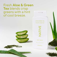 Native body wash bottle with aloe leaves and green tea sprigs