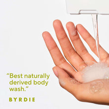 Hand washing with body wash foam, “Best naturally derived body wash” callout