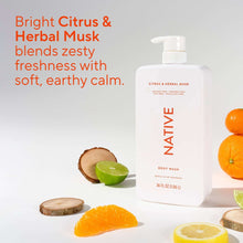 Native body wash bottle with pump, Citrus & Herbal Musk, with citrus fruit.