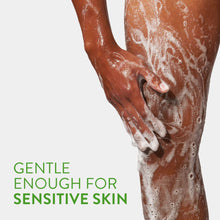 Foamy body wash lather on hands and arms, with bubbles covering skin
