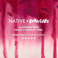 Native boba cafe promotional graphic for body wash with aluminum-free and vegan claims