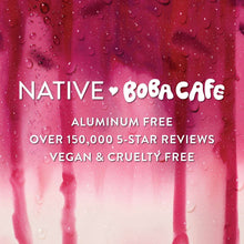 Native boba cafe promotional graphic for body wash with aluminum-free and vegan claims