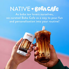 Native boba cafe body wash pouch held with a berry tea boba drink cup