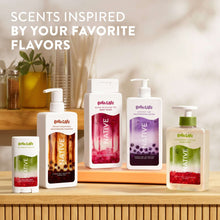 Assorted body wash bottles with pumps, including Brown Sugar Boba scent options