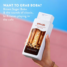 Hand holding Brown Sugar Boba body wash pouch with 'Want to grab boba?' text
