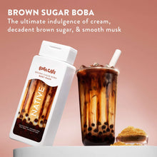 Brown Sugar Boba body wash bottle with boba drink and straw nearby