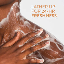 Foamy body wash lather on hands and wrist, Native cleansing foam
