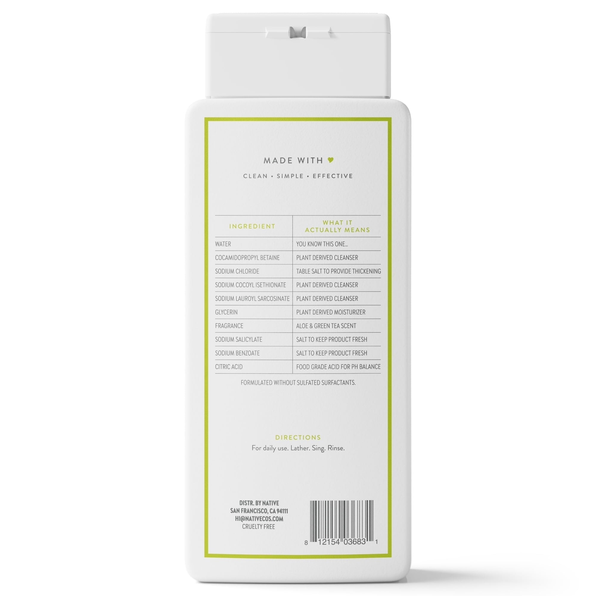 Native Body Wash, Aloe & Green Tea, Sulfate Free, for Women & Men, 18 fl oz