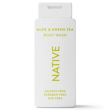 Body wash bottle labeled aloe and green tea, sulfate free paraben free and dye free