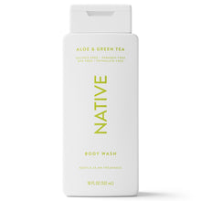 Body wash bottle for aloe and green tea, white plastic with green label