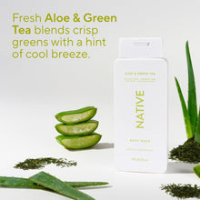 Aloe & green tea body wash bottle, white with green label and Native branding