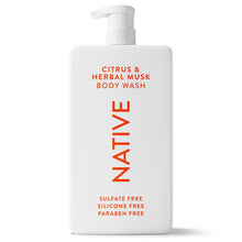Native body wash bottle with pump, Citrus & Herbal Musk, sulfate-free.