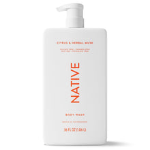 Body wash bottle, white with pump; Citrus & Herbal Musk label, 36 fl oz