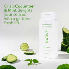 Cucumber & Mint body wash bottle, white with green Native label and flip-top cap