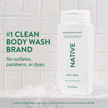 Native eucalyptus & mint body wash bottle with foam and green clean body wash branding